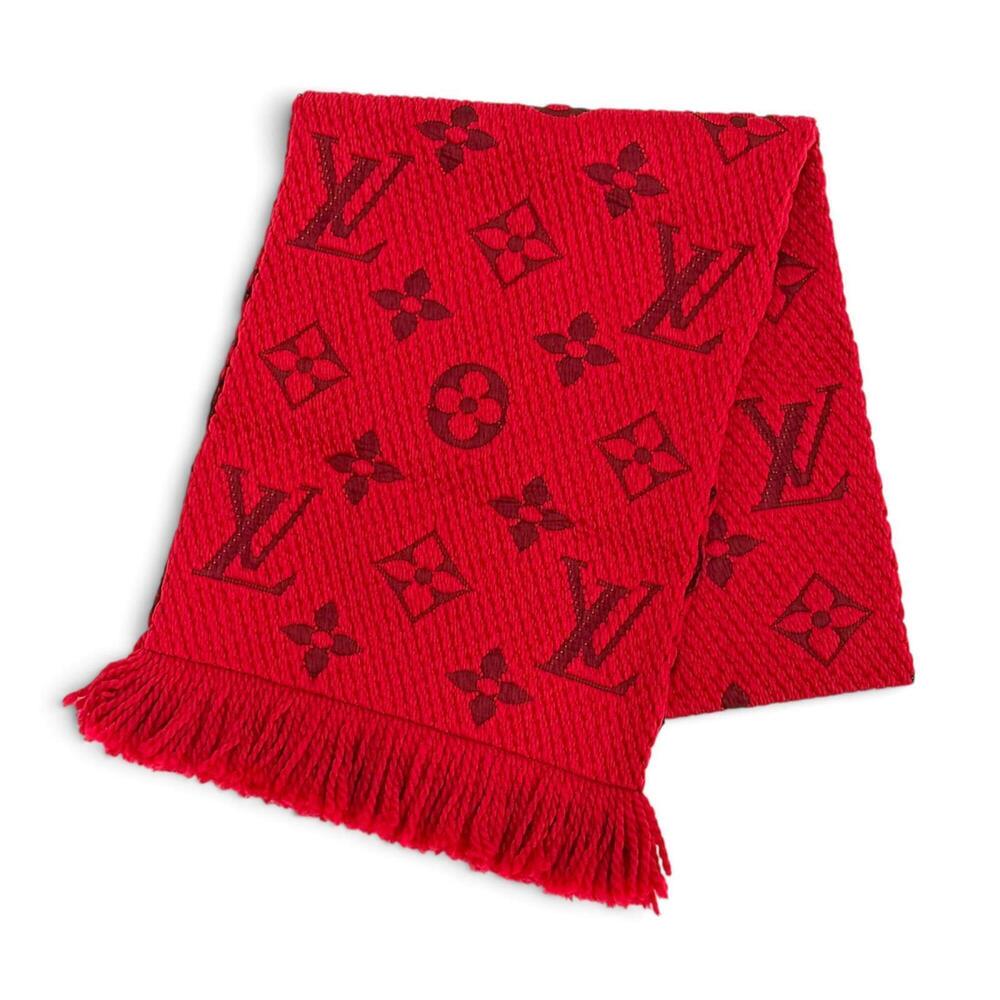 LOUIS VUITTON 413287 Echarpe Logomania Wool Silk Ruby Monogram Fringe Stole S...